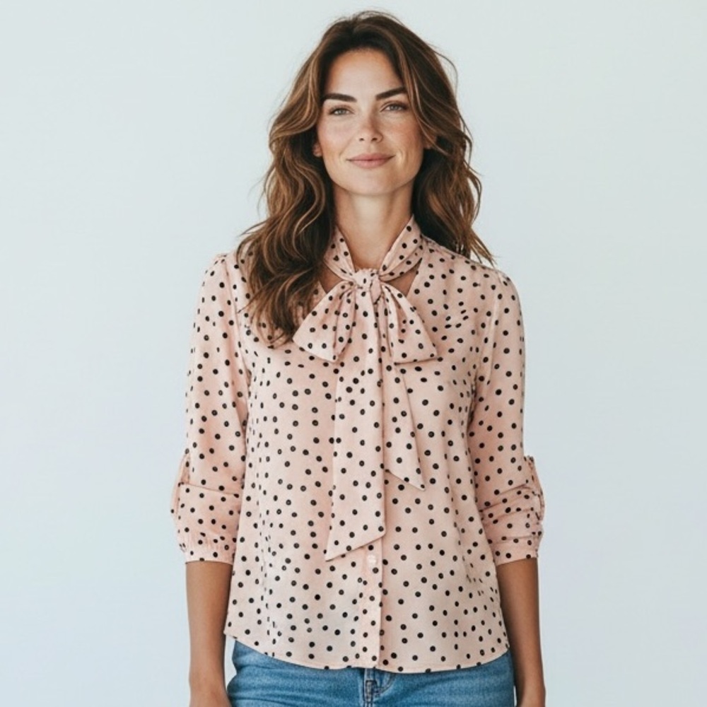 Heart Soul ladies blouse Large. Pink with black polka dots. Neck tie.